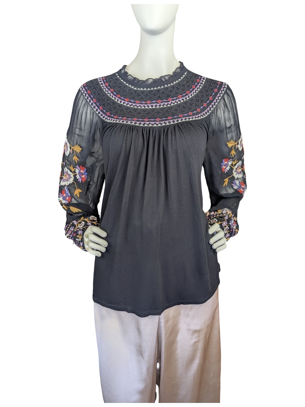 Anthropologie Akemi + Kin Louise Floral Embroidered Boho Peasant Blouse Size S